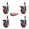 Service Caster 5'' Red Poly Swivel 7/8'' Expanding Stem Caster Set with Brake, 4PK SCC-EX20S514-PPUB-RED-PLB-78-4